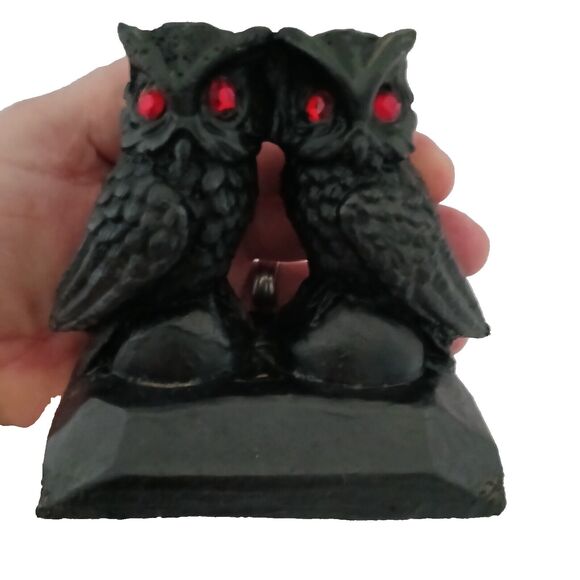 Hand Crafted From Coal Pair Of Owls Mates Statue Black With Red Rhinestone Eyes - Picture 2 of 11